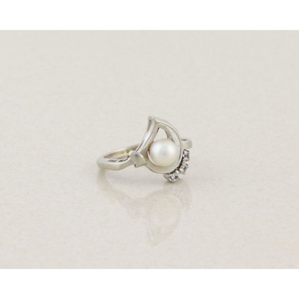 10k White Gold Freshwater Pearl & White Spinel Ring Size 5 - Picture 5 of 7